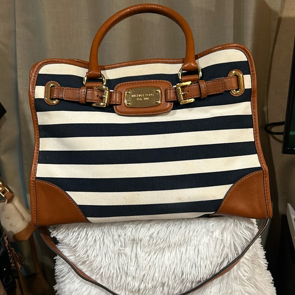Michael Kors Hamilton Blue and White striped Canvas Tote